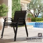 Set da Giardino con Divano 2 Posti, 2 Poltrone Impilabili e Tavolino in Vetro, Nero - immagine 5