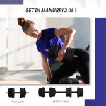 Set 2 in 1 con 2 Manubri Convertibili in Bilanciere, Peso Totale 20 kg e Dischi Pesi Regolabili, Nero - immagine 4