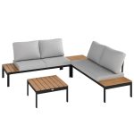 Set da Giardino 4 Pezzi con 2 Divanetti 2 Posti e 2 Tavolini in Metallo e Legno Composito, Grigio Nero e Teak