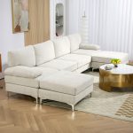 Divano Componibile 4 Pezzi con Poggiapiedi e Cuscini, in Tessuto effetto Ciniglia, 313x149x88 cm, Bianco Crema - immagine 7