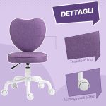 Sedia per Scrivania a Cuore con 5 Rotelle e Altezza Regolabile in Tessuto, 40x50x79-89cm, Viola - immagine 6