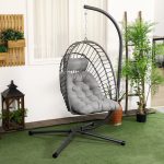 Poltrona Sospesa in Rattan PE con Cuscino, Seduta Pieghevole e Struttura in Acciaio, Grigio - immagine 2