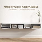 Mobile TV Sospeso in Legno con 2 Ripiani Aperti e Armadietto, 120x26x16 cm, Bianco e Grigio - immagine 5