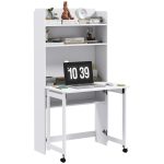 Scrivania Pieghevole con Libreria a 4 Ripiani, 2 Ruote e Foro Passacavi, 80x69x155 cm, Bianco