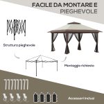 Gazebo Pieghevole 4x4 m ad Altezza Regolabile con Zanzariera e Borsa, in Metallo e Tessuto Oxford Beige - immagine 5