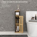 Mobiletto Bagno con Ripiano Aperto e Armadietto, in Bambù e MDF, 18x18x75 cm, Nero e color Legno - immagine 4