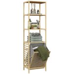 Colonna Bagno con 3 Ripiani in Legno di Bambù e Cesto Portabiancheria in Tessuto, 44x33x160cm