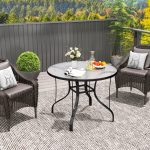 Tavolino da Giardino Rotondo con Foro per Ombrellone, in Metallo e Vetro Temperato, Ø96.5x71 cm, Nero - immagine 7