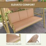 Dondolo 3 Posti con Tettuccio Inclinabile e Cuscini, in Acciaio e Textilene, 200x125x175 cm, Beige e Marrone - immagine 5