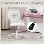 Sedia da Ufficio Imbottita con Schienale a Cuore e Rotelle, Poltrona moderno in Velluto Teddy e Plastica, 45x56x78-88 cm, Bianco | Aosom Italy - immagine 7