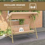 Dondolo 3 Posti con Tettuccio Inclinabile e Cuscini, in Acciaio e Textilene, 200x125x175 cm, Beige e Marrone - immagine 7