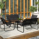 Set da Giardino con 2 Divani 2 Posti, 2 Poltrone e un Tavolino da Caffè con Piano in Vetro, Nero - immagine 2