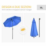 Ombrellone da Spiaggia 1.8x2 m con Reclinazione a 45° e 8 Stecche, Poliestere e Acciaio, Blu - immagine 8