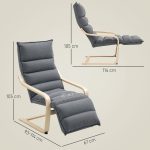 Poltrona Relax in Legno con Rivestimento in Velluto e Poggiapiedi Regolabile, Grigio Scuro - immagine 3
