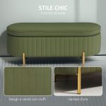 Panca Contenitore Ovale da 72L con Coperchio Sollevabile, in Tessuto Effetto Velluto e Legno, 108x44x43.5 cm, Verde - immagine 5