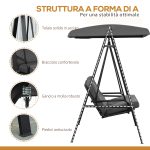 Dondolo 2 Posti con Tettuccio Regolabile e Cuscini, in Acciaio e Poliestere, 144x117x173 cm, Grigio - immagine 6