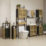 Mobiletto Bagno con Ripiano Aperto e Armadietto, in Bambù e MDF, 18x18x75 cm, Nero e color Legno - immagine 2