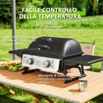 Barbecue a Gas Portatile con 2 Bruciatori e Coperchio con Termometro, Nero - immagine 6