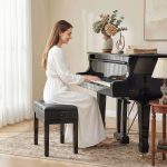 Sgabello per Pianoforte con Altezza Regolabile e Contenitore in Legno e Finta Pelle, 63x35x46-56cm, Nero - immagine 2