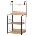 Mobiletto Microonde da Cucina con 4 Ripiani e 4 Ganci, in Acciaio e Legno, 60x40x125 cm, Color Legno