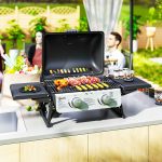 Barbecue a Gas Portatile con 2 Bruciatori e Coperchio con Termometro, Nero - immagine 8
