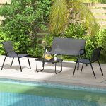 Set da Giardino con Divano 2 Posti, 2 Poltrone Impilabili e Tavolino in Vetro, Nero - immagine 2