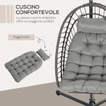 Poltrona Sospesa in Rattan PE con Cuscino, Seduta Pieghevole e Struttura in Acciaio, Grigio - immagine 6