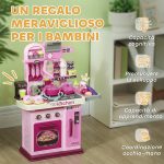 Cucina Giocattolo per Bambini da 33 Pezzi con Luci, Suoni e Rubinetto, in PP e ABS, 53x22x69 cm, Rosa - immagine 8
