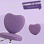 Sedia per Scrivania a Cuore con 5 Rotelle e Altezza Regolabile in Tessuto, 40x50x79-89cm, Viola - immagine 5
