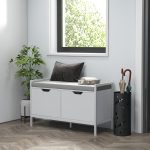 Panca Scarpiera a 2 Armadietti con Cuscino, in Tessuto Effetto Lino, Legno e Acciaio, 84x35x50 cm, Bianco - immagine 2