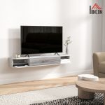 Mobile TV Sospeso in Legno con 2 Ripiani Aperti e Armadietto, 120x26x16 cm, Bianco e Grigio - immagine 2
