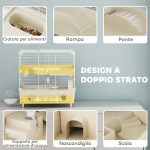 Gabbia per Criceti a 2 Livelli e 3 Porte con Ruota e Tubi, in Acciaio, PS e PP, 44.5x28x44 cm, Crema e Bianco - immagine 4