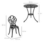 Set da Giardino 3 Pezzi in Alluminio con 2 Sedie 42.5x47.5x89 cm e Tavolino Rotondo Ø60x67 cm, Nero - immagine 3
