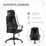 Sedia da Ufficio Reclinabile con Poggiatesta e Supporto Lombare, in Poliestere, 64x55x116-126 cm, Nero - immagine 6