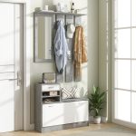 Set Mobile da Ingresso con Appendiabiti a 6 Ganci, Mobile Scarpiera con Cassetto e Specchio, Grigio - immagine 2