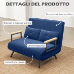 Divano Letto 3 in 1 in Tessuto Effetto Velluto con Schienale Regolabile e 2 Cuscini, 102x73x81 cm, Blu - immagine 6