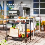 Carrello per Barbecue con Piano in Acciaio e Ripiano Regolabile, Ruote e Ganci, 100x52x80 cm, Nero - immagine 5