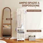 Appendiabiti da Terra con Asta e 2 Ripiani Aperti, in Legno e Acciaio, 38.5x30x170 cm, Bianco e color Legno - immagine 4