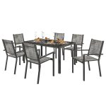 Set da Giardino 7 Pezzi in Acciaio con Tavolo Rettangolare e 6 Sedie Impilabili Traspiranti, Grigio e Nero