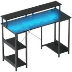 Scrivania per PC Reversibile con Prese Elettriche, Luci, Supporto Monitor e Scaffale, 120x50cm, Nero