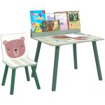 Set Sedia e Tavolino per Bambini con Ripiano Portaoggetti, in MDF e Legno di Pino, Verde