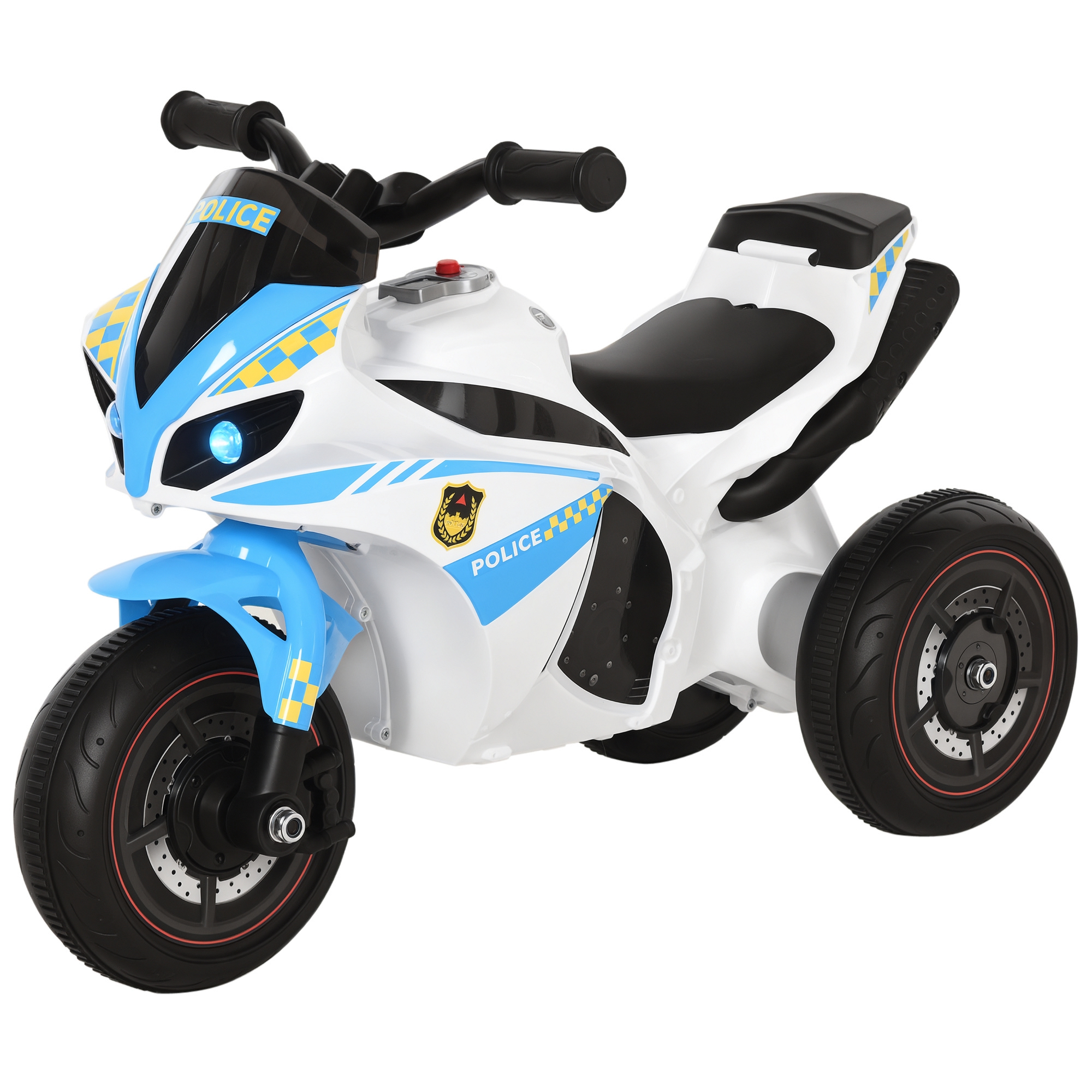 der5311984289bfbb.jpg Moto Giocattolo Cavalcabile a 3 Ruote per Bambini 18-36 Mesi Stile Polizia con Musica e Fari, Azzurro - immagine 1