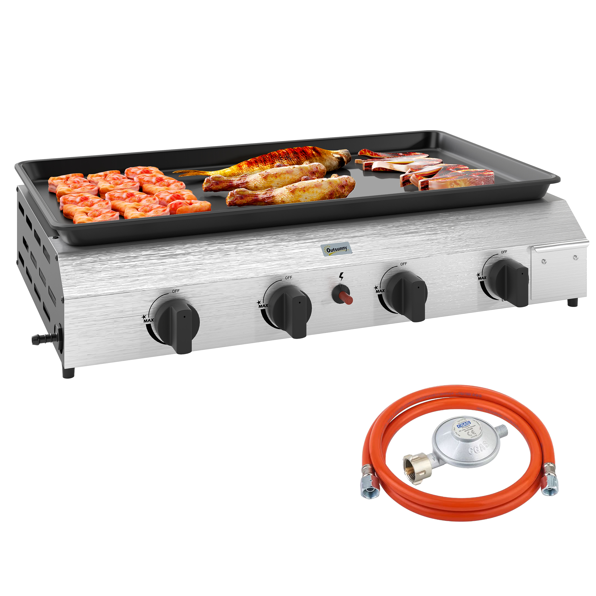 dqid9d19560e3b3bb.jpg Piastra Barbecue a Gas con 4 Bruciatori da 2.4kw e Piano Antiaderente, 77x44.5x19cm, Argento - immagine 1