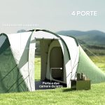 Tenda da Campeggio 4-6 Persone con 2 Camere, in Poliestere e Fibra di Vetro, 555x225x190 cm, Grigio e Verde - immagine 5