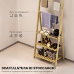Scaffale Bagno 3 Ripiani con Porta Asciugamani a 3 Barre, Autoportante e Pieghevole in Legno di Bambù - immagine 5
