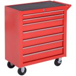Carrello Porta Attrezzi con 7 Cassetti, Tappetini in EVA, Serratura e 2 Chiavi, Ruote con Freno, Maniglia, Rosso