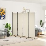 Paravento da Esterno e Interno a 4 Pannelli Pieghevole, 221x50x172cm, Crema - immagine 2