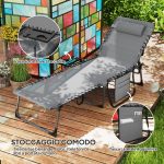 Sdraio da Giardino Pieghevole e Reclinabile a 5 Livelli con Tavolino Laterale e Tasca, 60x190x31 cm, Grigio e Nero - immagine 6