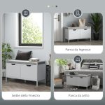 Panca Scarpiera a 2 Armadietti con Cuscino, in Tessuto Effetto Lino, Legno e Acciaio, 84x35x50 cm, Bianco - immagine 7
