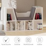 Mobile Libreria a 6 Sezioni 2 in 1 con Cuscini Morbidi, in Legno, Spugna e Poliestere, 102x30x61 cm, Bianco - immagine 7